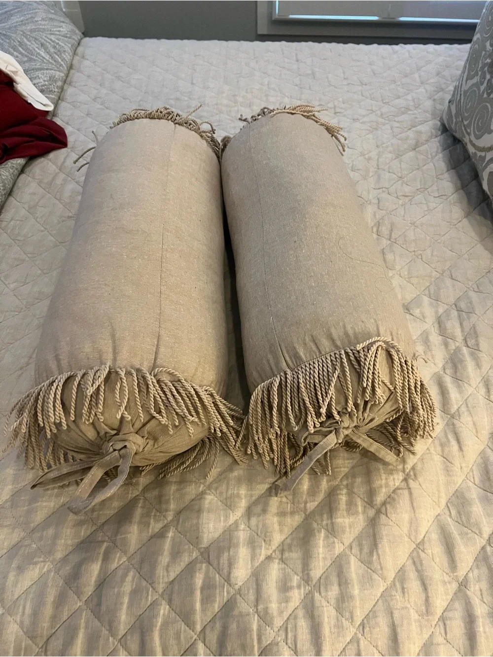 Mr. & Mrs. Embroidered Decorative Bolster Pillows - Taupe